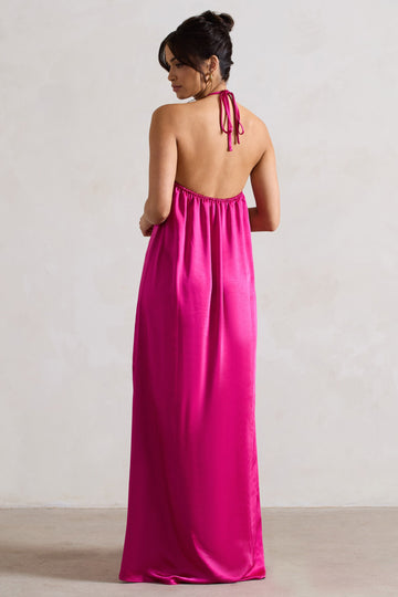 Everleigh Dark Pink Satin Relaxed Fit Maxi Column Dress With Corsage